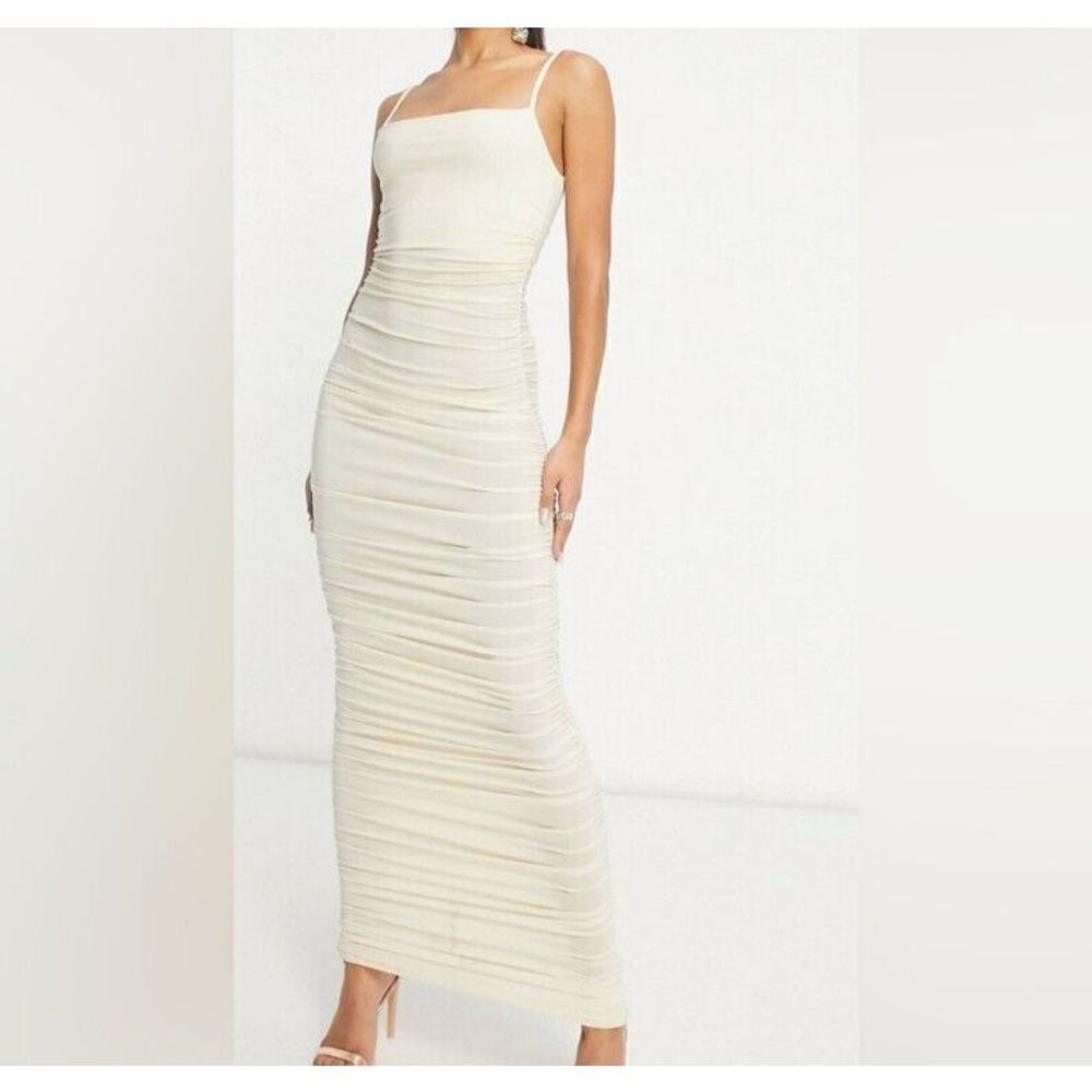 Club L London Dress‎ Size 6 US Ivory Ruched Bodycon Maxi